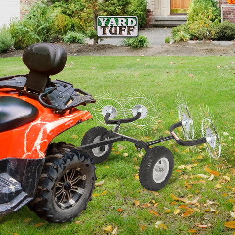 Acreage Lawn Rake With Four Tine Steel Tow Behind Dethatcher for lawn and garden cleanup and leveling attachment shown on lawn