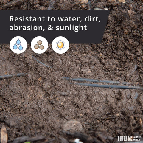 14/2 Low Voltage Landscape Wire for Indoor and Outdoor Lighting in soil, shows resistance to water, dirt, and sunlight icons