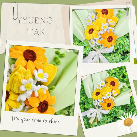 Sunflower Bouquet Craft Kit With 210 Pipe Cleaner Flowers, 12 Green Floral Wires, Chenille Stems, Tape And Floral Paper For DIY Flower Arranging For Beginners With Easy Step By Step Tutorials And Five Color Options. Yellow and white pipe cleaner sunflower bouquet with green wrapping