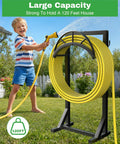 Child using garden hose with Sturdy Metal Hose Holder And Freestanding Hose Storage Rack With Two Tool Hooks For Outdoor Yards Farms And Lawns Black Finish, Easy Assembly, Keeps Hose And Tools Organized And Ready To Roll.