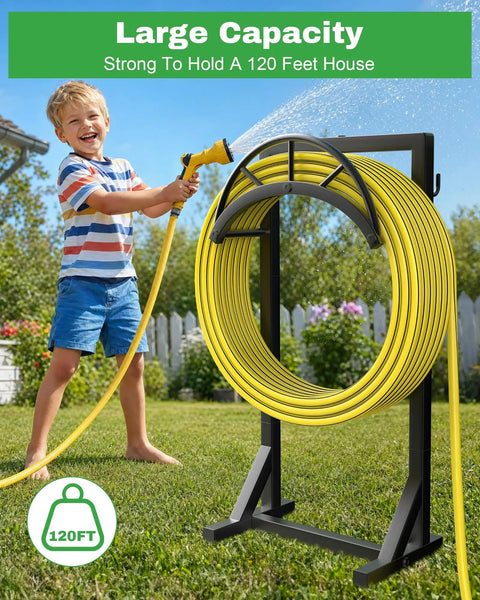 Child using garden hose with Sturdy Metal Hose Holder And Freestanding Hose Storage Rack With Two Tool Hooks For Outdoor Yards Farms And Lawns Black Finish, Easy Assembly, Keeps Hose And Tools Organized And Ready To Roll.