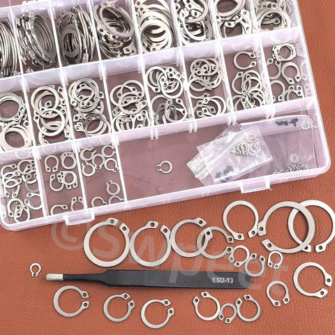 Shop Approved Stainless Steel External Circlip Assortment Kit with tweezers and various sizes from M4 to M28mm.