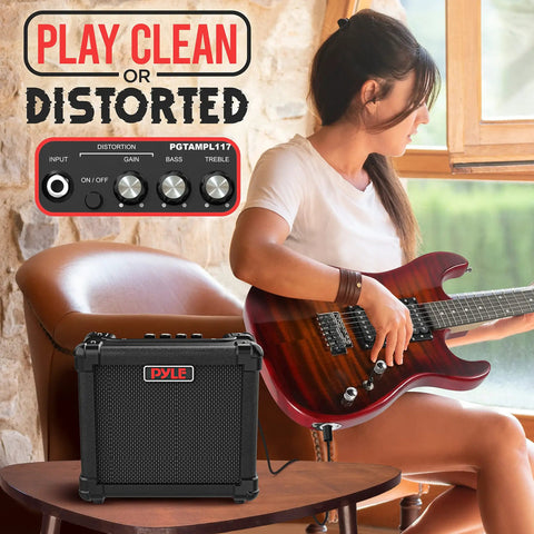 Woman playing guitar with Compact 10 Watt Electric Guitar Amp with 5 Inch High Definition Speaker in home setting.