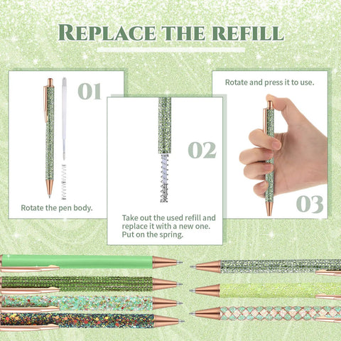 Refilling process for Seven Glitter Pens Set For Women With Ten Black Ink Refills Cute Sparkly Ballpoint Pens In Seven Designs.