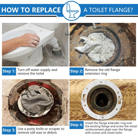 Heavy Duty Stainless Steel Toilet Flange Repair Kit With Extended Closet Bolts For PVC Cast Iron ABS shown in step-by-step installation guide.