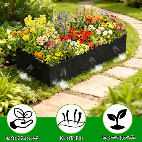 Two Pack Raised Garden Bed Liners With Breathable Fabric For Outdoor Gardens, Includes 12 Clips And Gloves, shown installed.