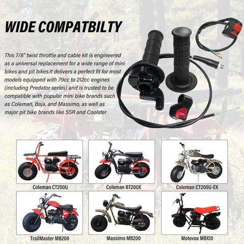 BeefedUp 7/8 Inch Twist Throttle And Cable Kit For Mini Bikes Replacement Fits BT200X CT200U EX MB200 Predator 212cc And 196cc Engines With Cruise Control Black