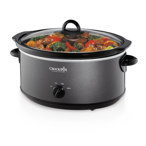 Huge 7 Quart Manual Slow Cooker Serving As A Real Weeknight Hero With Removable Stoneware Pot, High And Low Settings Plus Auto Warm Mode, No Fuss Dishwasher Safe Cleanup, Charcoal Finish filled with colorful vegetables.