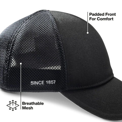 Side view of black Mesh Back Safety Cap With Reflective Brim And Bump Cap Insert Compatibility, breathable mesh and padded front.