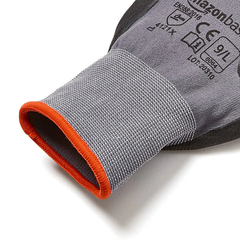 Close-up of the cuff of Micro Foam Nitrile Coated Safety Work Gloves With Touch Screen Compatible Nylon Liner Grey Size 9 Large 6 Pack Durable Grip