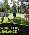 Children playing on backyard gymnastics and swing set kit with 36 ft slackline, monkey bars, two swings, and outdoor playset for kids.
