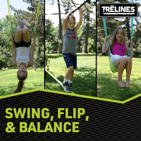 Children playing on backyard gymnastics and swing set kit with 36 ft slackline, monkey bars, two swings, and outdoor playset for kids.