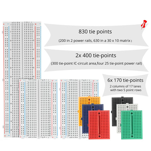 Solderless Prototype Breadboard Kit With 1x830 Tie In Grid, 2x400 Tie Points, And 6x170 Tie Points Mini Modular Breadboard for DIY Prototyping
