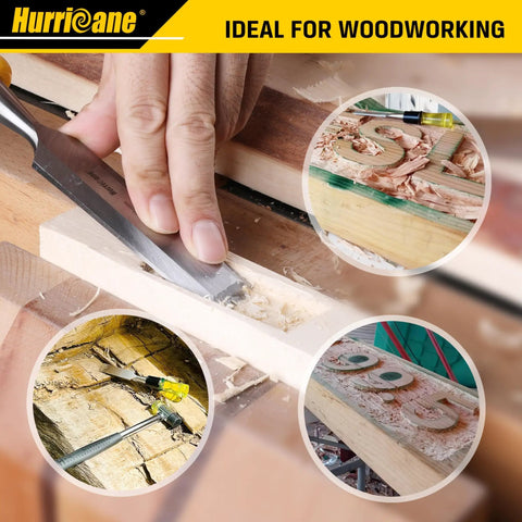 4 Piece Wood Chisel Set For Woodworking With CR-V Steel Beveled Edge Blades, Safety Caps, And A Durable PVC High Impact Handle In Use