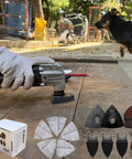 Person using Oscillating Multi Tool Sanding Kit With 105 Pieces Including Triangle And Finger Sanding Pads And 100 Pieces Sandpaper For Wood Projects Pro Grade Grits From 60 To 240 For Smooth Finishes And Easy Detail Work on a wooden surface outdoors.