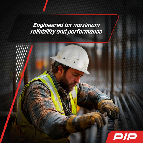Worker on construction site wearing Fiberglass Full Brim Hard Hat Pro Grade With Wheel Ratchet 8 Point Suspension ANSI ISEA Z89.1 Type 1 Class G