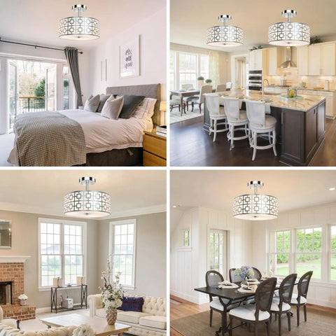 Three Light Flush Mount Ceiling Light In Brushed Nickel With A Modern Drum Design Illuminating Different Room Settings