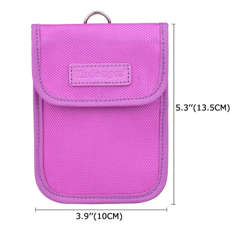 Purple RFID Key Fob Protector And Faraday Bag with silver-lined pocket and dimensions 5.3x3.9 inches
