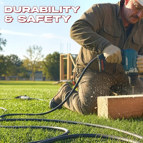 Worker using 6 Foot Weather Resistant Extension Cord 16/3 SJTW Heavy Duty With 3 Prong Grounded Plug for outdoor drilling