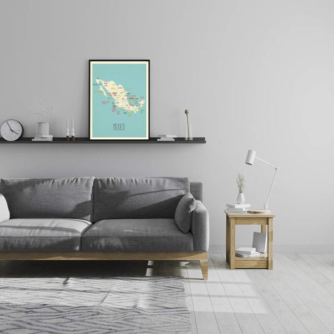 Mexico Map Poster 11x14 Blue Wall Art For Kids And Classrooms hanging above sofa in living room