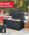 Family using Extra Large Resin Outdoor Storage Deck Box 134 Gallon Capacity Weather Resistant Black Tough Yard Organizer