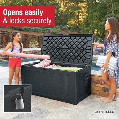Family using Extra Large Resin Outdoor Storage Deck Box 134 Gallon Capacity Weather Resistant Black Tough Yard Organizer