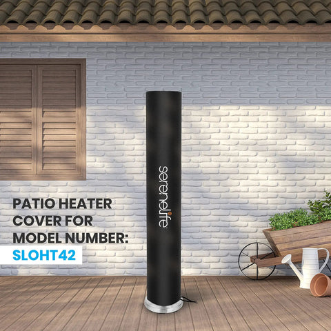 Heavy Duty Patio Heater Cover For Outdoor Infrared Heaters Weatherproof Dustproof Tear Resistant Waterproof Wind Sun Snow Protection Easy On And Off Durable Shield covering a patio heater on a deck.