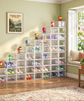Game Changer Six Pack Clear Shoe Organizers With Snappy Magnetic Doors And Fully Stackable Build For Dead Simple Closet Tidy Up Under Bed Or Garage Storage displayed in a stylish room with toys.