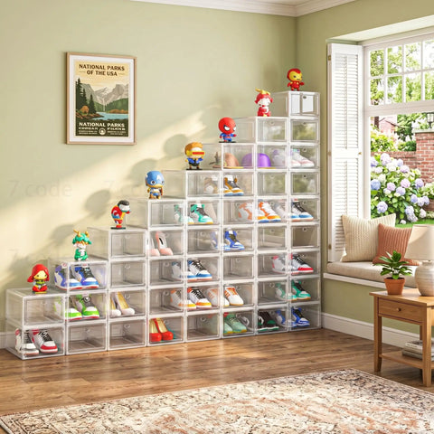 Game Changer Six Pack Clear Shoe Organizers With Snappy Magnetic Doors And Fully Stackable Build For Dead Simple Closet Tidy Up Under Bed Or Garage Storage displayed in a stylish room with toys.