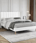Modern White Full Size Bed Frame With Linen Upholstered Channel Tufted Headboard Lowkey Stunning Platform Bed angled view in cozy bedroom setting.