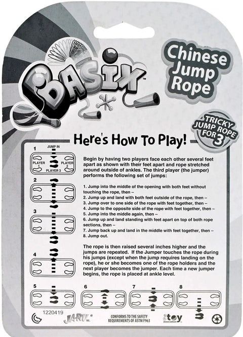 Back of package showing instructions for Rainbow Color Chinese Jump Rope Set Of Two Elastic Jump Ropes For Kids 72 Inch Long