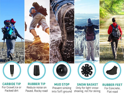 Hikers using Trek-Z Cork Grip Trekking Poles For Hiking, Ultra Lightweight Folding Poles With Adjustable Height on various terrains.