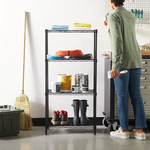 Four-Shelf Steel Wire Garage Storage Shelves Heavy Duty With Adjustable Metal Unit, Each Shelf Holds Up To 200 Lbs, 800 Lbs Total Capacity, 23.2 In Wide By 48 In High By 13.4 In Deep, Black, Ideal For Tools, Gear And Supplies In Workshop Or Garage with paint cans and boots