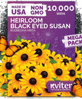 Top Shelf 10000 Black Eyed Susan Heirloom Flower Seeds For Planting package with yellow daisies and butterfly decoration.