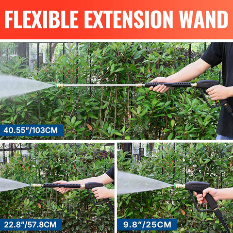 Pressure Washer Gun And Wand With Five Nozzles, M22-14mm And M22-15mm Fittings, demonstrating flexible extension.
