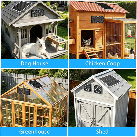 Solar Powered Coop Fan Kit With 15W Panel Keeps Your Coop Cool, Dual Four Point Seven Inch By Four Point Seven Inch IP65 Waterproof Fans, Outdoor Ventilation For Chicken Coops Greenhouses Sheds Dog Houses And Pet Enclosures