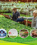Two gardeners using 2L Handheld Spreader Set With Adjustable Dial And 7 Opening Modes For Seeds Fertilizer Salt And More Includes Two Scoops Green And Blue in greenhouse