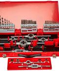 Open metal box showing 44 Piece HSS Drill And Tap Tool Set With Die And Hand Tap Kit For Metalworking M3 To M12 Taps.