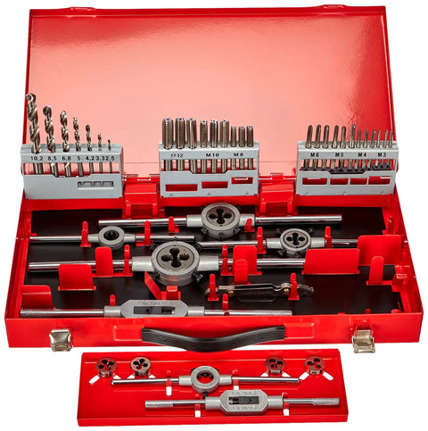 Open metal box showing 44 Piece HSS Drill And Tap Tool Set With Die And Hand Tap Kit For Metalworking M3 To M12 Taps.