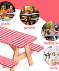 Three Piece Fitted Picnic Table Cover Set With Bench Covers Vinyl Tablecloth With Flannel Backing For 6ft Tables Outdoor Camping Red Checked 30 By 72 Inches Water And Oil Resistant Elastic Edges For A Snug Stayput Fit displayed on a wooden table and benches in an outdoor setting with picnic and barbecue activities.