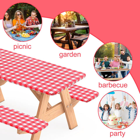 Three Piece Fitted Picnic Table Cover Set With Bench Covers Vinyl Tablecloth With Flannel Backing For 6ft Tables Outdoor Camping Red Checked 30 By 72 Inches Water And Oil Resistant Elastic Edges For A Snug Stayput Fit displayed on a wooden table and benches in an outdoor setting with picnic and barbecue activities.