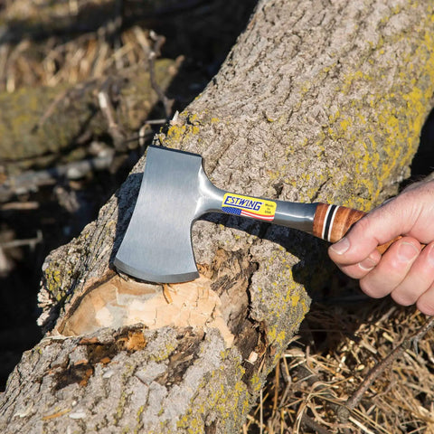 Sportsmans Axe 14 Inch USA Made Camping Hatchet With Forged Steel Blade And Genuine Leather Grip chopping wood outdoors