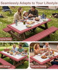 Family using Waterproof Fitted Table Cover With Bench Covers For 72 Inch Picnic Tables, Windproof Elastic Edges, in camping setup