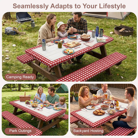 Family using Waterproof Fitted Table Cover With Bench Covers For 72 Inch Picnic Tables, Windproof Elastic Edges, in camping setup