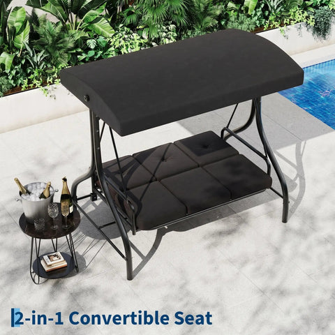 Three-Seat Outdoor Porch Swing With Adjustable Canopy For Sun Protection, Sturdy 800 Lb Heavy Duty Steel Frame next to pool.