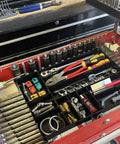 Red 10 Compartment Drawer Organizer Tray For Tools Small Parts Batteries And Supplies in toolbox, organized layout