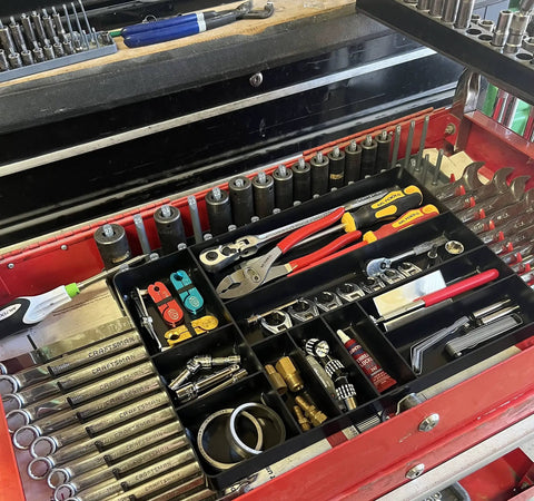 Red 10 Compartment Drawer Organizer Tray For Tools Small Parts Batteries And Supplies in toolbox, organized layout