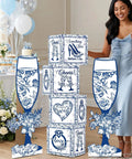 Vintage Floral Block Box Centerpiece Set of Four With Matching Champagne Flute Stands, floral cube decor with drink rests.