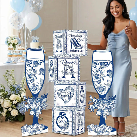 Vintage Floral Block Box Centerpiece Set of Four With Matching Champagne Flute Stands, floral cube decor with drink rests.