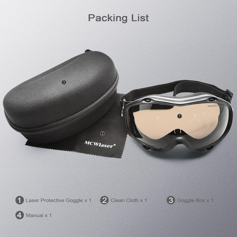 Professional Grade CO2 Laser Safety Goggles Pack Hella Solid Eye Defense And Crystal Clear Vision For Precision Engraver And Cutter Projects With Super Comfy Wrap Strap Fit with case and accessories showing.